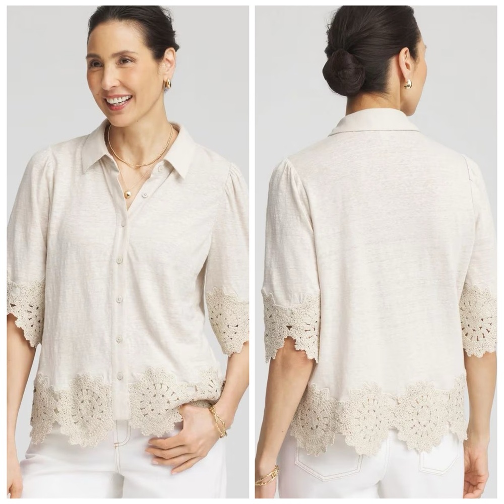 CHICO’S NWT 1 Crochet Trim Linen Shirt in River Rock Neutral Cream Blouse Top 8 - Picture 11 of 12
